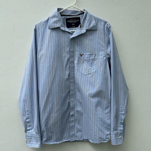 American Eagle Outfitters Vintage Fit Men’s Button Down Shirt Blue Brown Striped - Picture 1 of 5